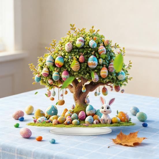 2D Flat Easter Egg Tabletop Sign Acrylic Colorful Easter Egg Tree Desktop Ornament for Spring Party Home Decor