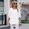 Женские модные повседневные летние весенние однотонные блузки и рубашки с короткими рукавами и круглым вырезом с принтом