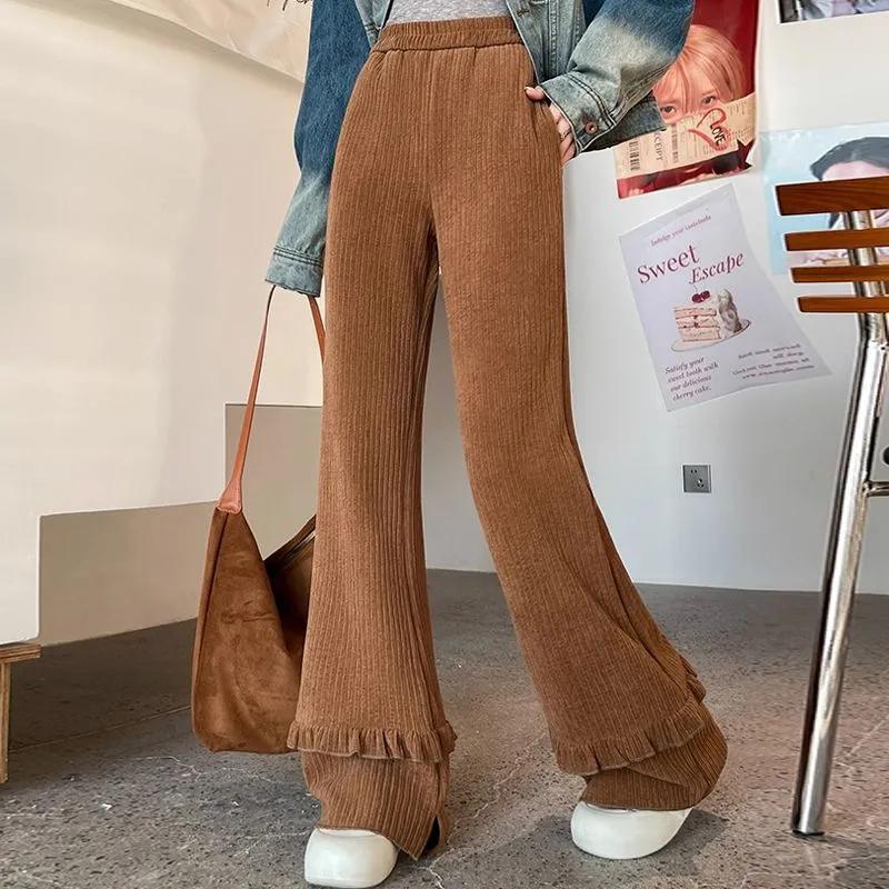 Брюки женские больших размеров, утолщенные, эластичные, с высокой талией, длинные брюки, однотонные, флисовые, повседневные брюки с широкими штанинами