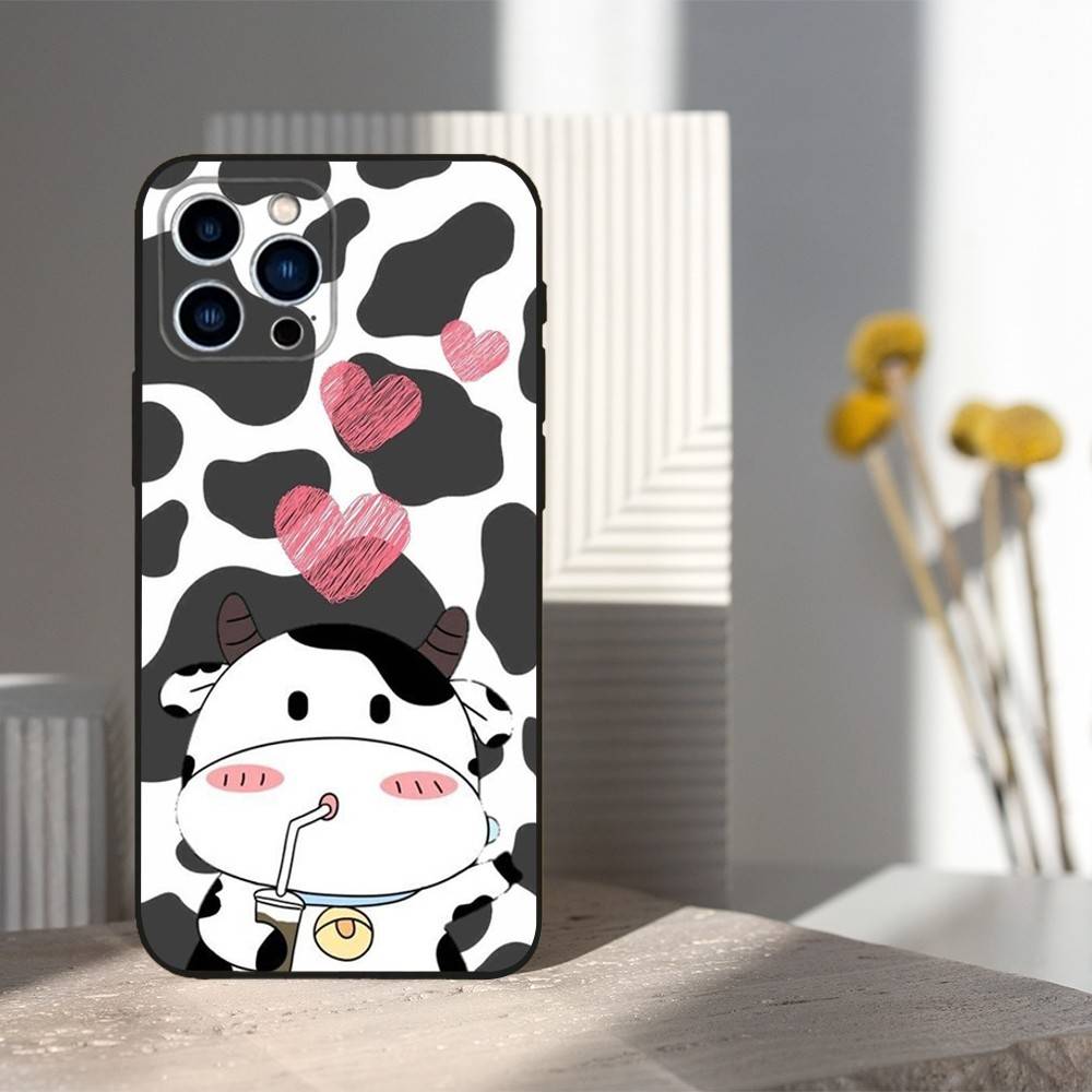 Cute Cartoon Print Cow Phone For iPhone 13,12,15,14,11,16,17,Plus,Pro Max,XS,X,XR,SE,Mini,8,7,Soft Silicone Black
