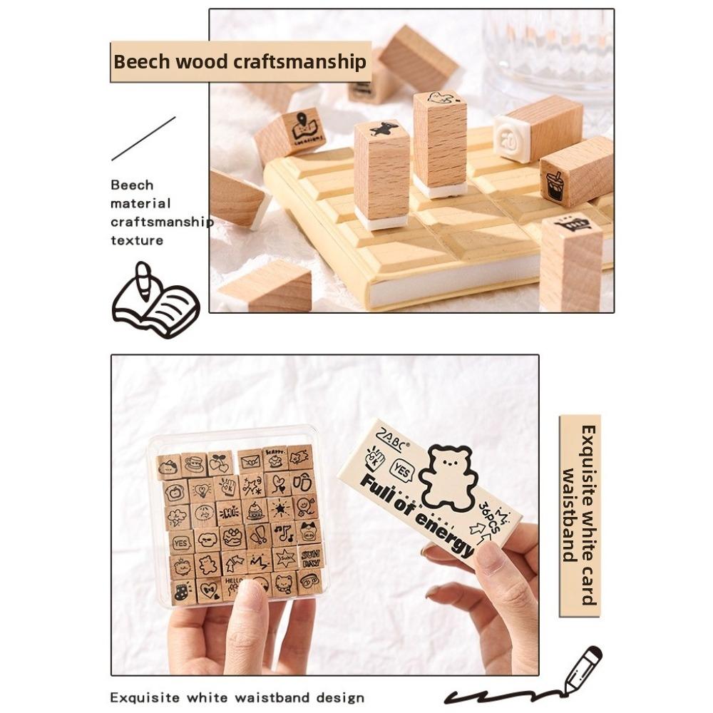 36pcs Set Acrylic Box Wood Stamps Set Daily Life Themed Mini Wooden Stamps Scrapbooking Decor