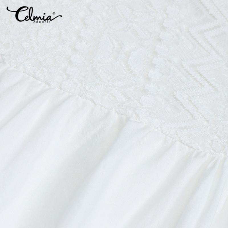 Celmia Весенняя женская мода Длинные макси с оборками праздничное платье с v-образным вырезом и рукавами-фонариками из хлопка и кружева однотонные тонкие платья повседневные свободные большие размеры