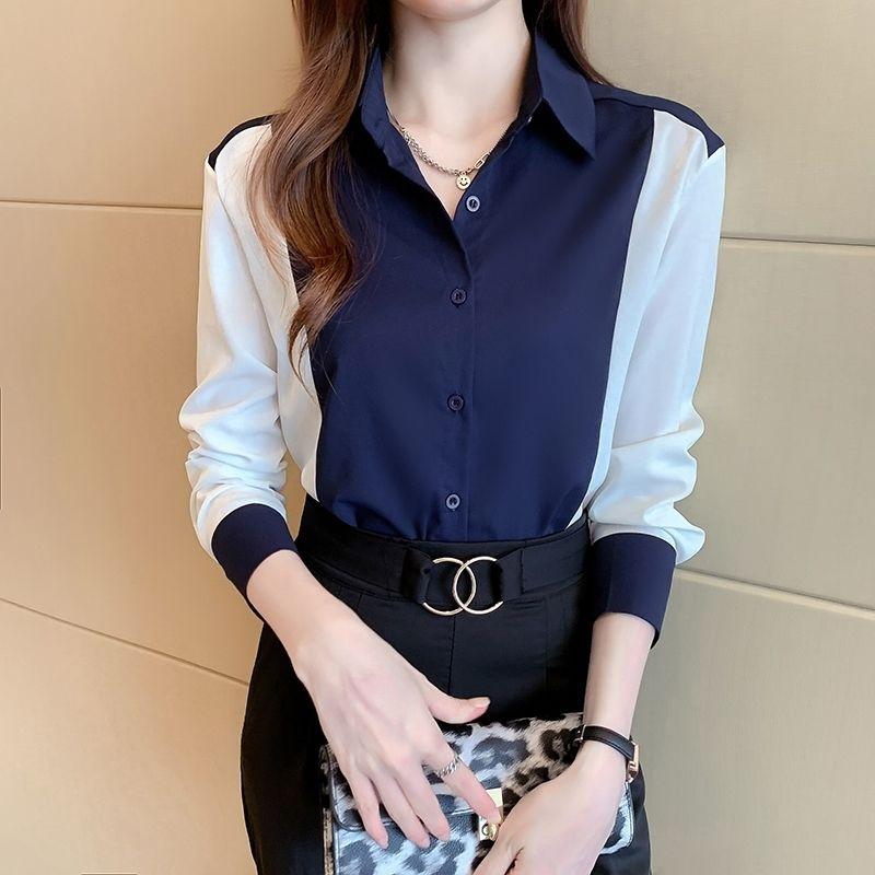 Chiffon Shirt Women's Spring Autumn New Color Contrast Fashion Long Sleeved Top Turn Down Collar Bottoming Blouse S-3XL