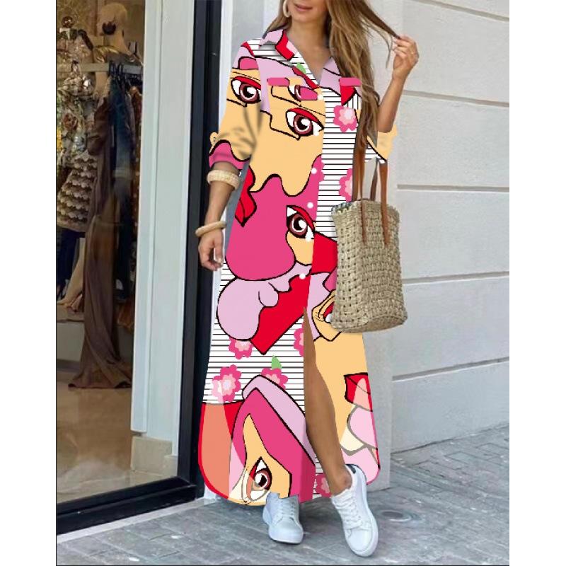 Women's Printed Maxi Shirt Dress Long Sleeve Button Front Loose Vacation Dress