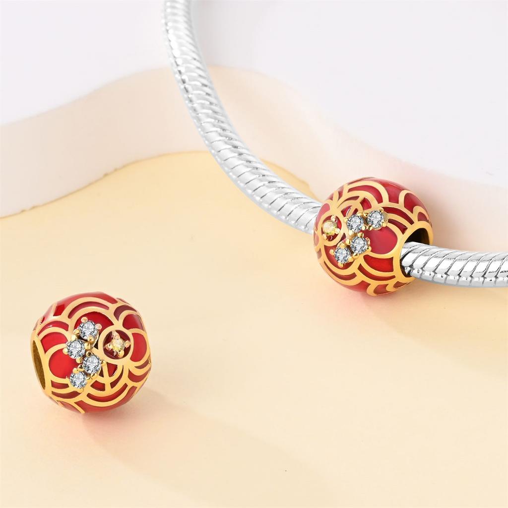 New Year'S Series Lion Dance Red Lantern Lucky Cat Charm Beads Copper Silver Plated