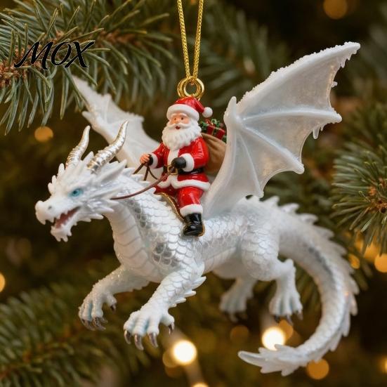 Unique Holiday Tree Pendants 2Pcs Santa Dragon Rider Christmas Ornament, 2D Acrylic Flying Fantasy Style Decor Claus Hanging Decor, Festive