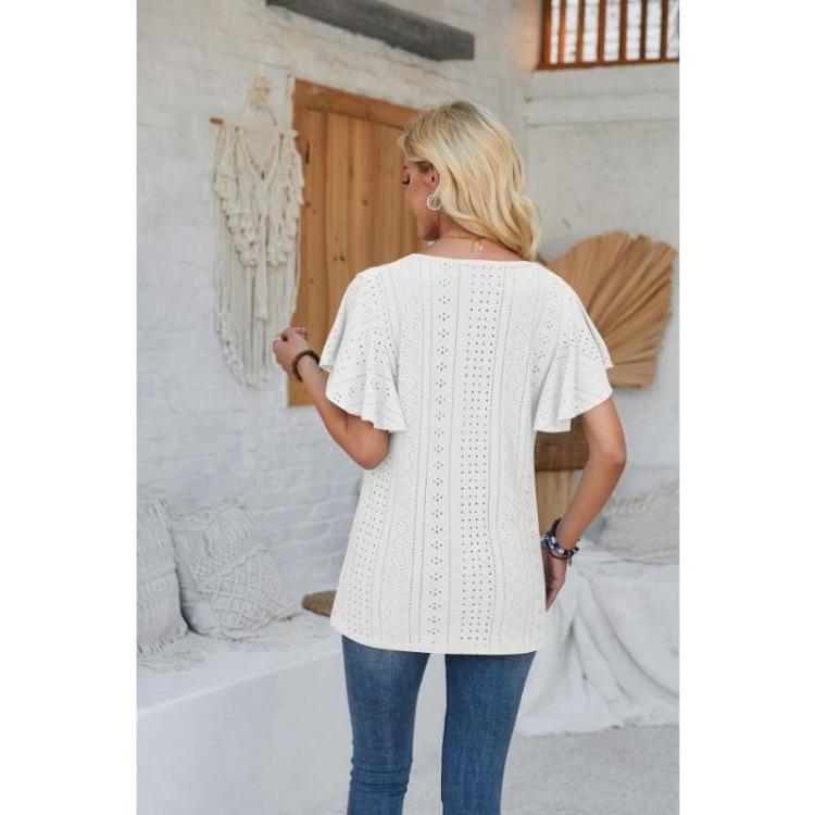 New Fashion Women's Lace V-neck Loose T-shirt Solid Color Ruffled Sleeves Spring Summer
