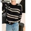 Autumn and Winter Women's Round Neck Striped Knitted Sweater Loose Long Sleeved Pullover Knitted Top