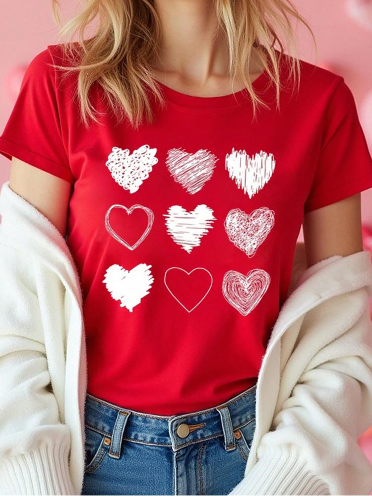 Red Heart Printed Women T-Shirts Fashion Streetwear Short Sleeve Clothing Casual Soft Women Tops Valentine's Day T-shirt