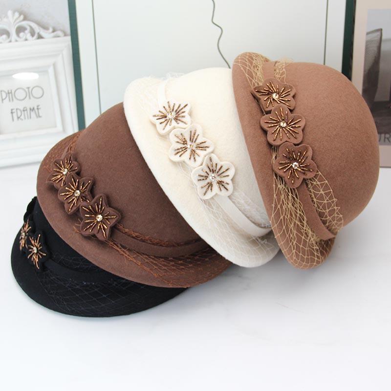 French elegant woolen top hat women's autumn and winter mesh yarn three beads flower crimped pot hat retro domed felt hat