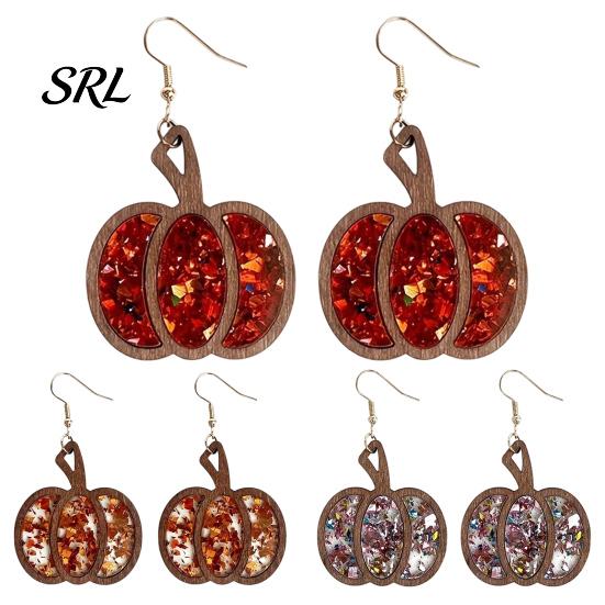 Unique Statement Earrings 1 Pair Fall Thanksgiving Pumpkin for Women, Wooden Gift Her Shaped Dangle Drop Earrings, Autumn Halloween Jewelry Festive