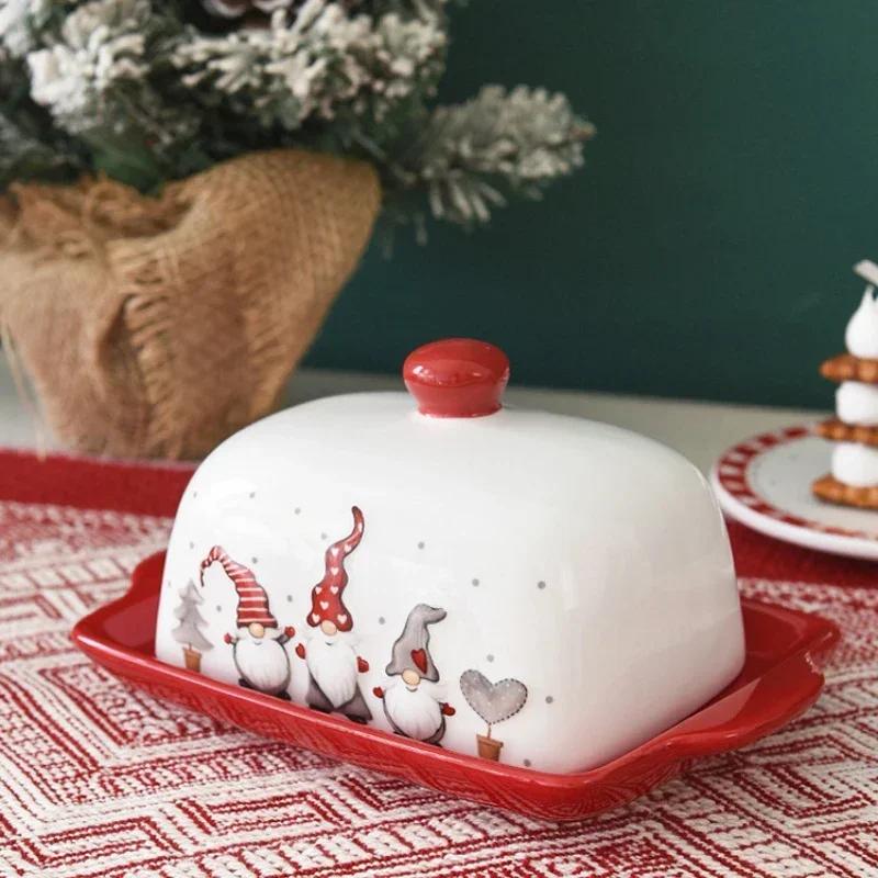 Christmas Elk Santa Claus Pattern  Butter Dish with Lid Nordic Style Sweets Cakes Desserts Cheese Plate Butter Container Dishes