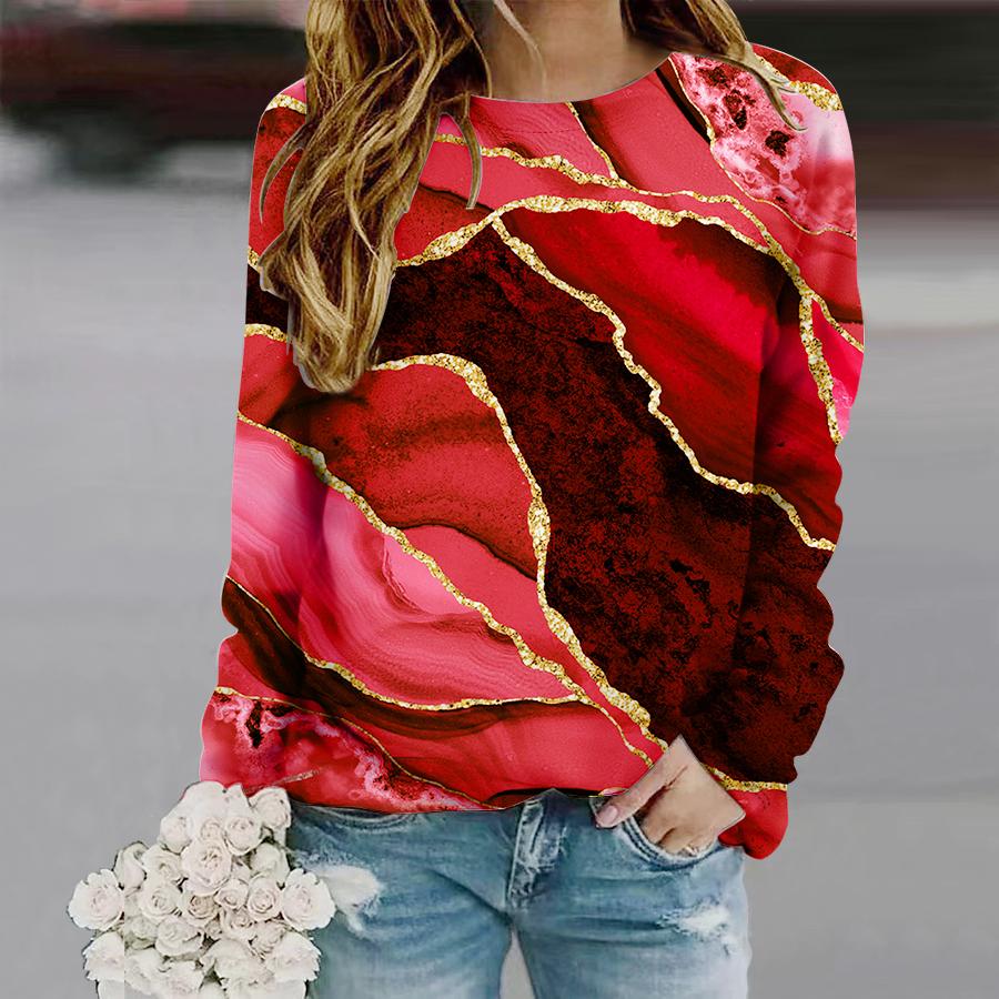 Tops For Women Oil Painting Rivers Print Round Neck Long Sleeve T-shirt Fall Casual Slim Pullover Women's Long Sleeve Top