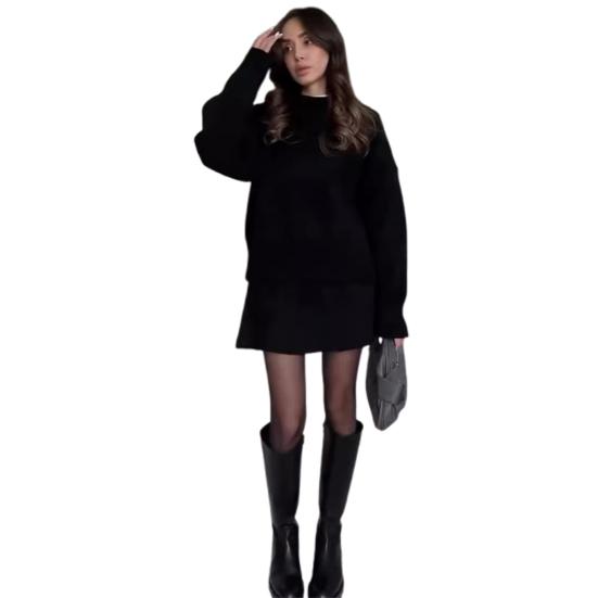 Комплект из 2 предметов: свитер, юбка, свитер, О-образный вырез, длинный рукав, трикотажные топы, мини-юбка А-силуэта средней посадки, однотонный повседневный наряд