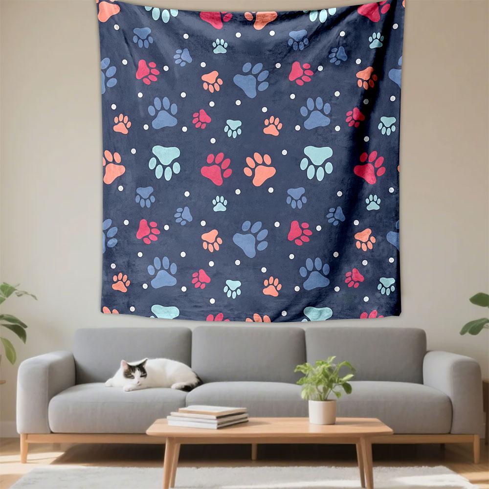 Colorful Paw Print Pattern on Navy Background Patterned Tapestry Decorative Wall Hanging, Home Bedroom Living Room Decor