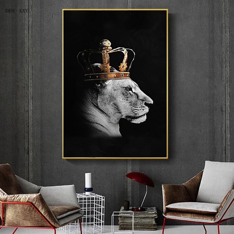 Lion Canvas Painting Wall Art Animals King and Queen with Golden Crown Posters and Prints Wall Art Pictures for Home Decoration