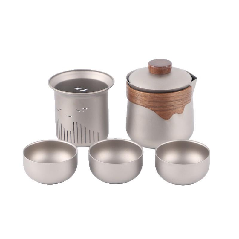 Portable Titanium Camping Tea Set With Infuser Kettle 3 Double-Layer Cups Outdoor Hiking Travel