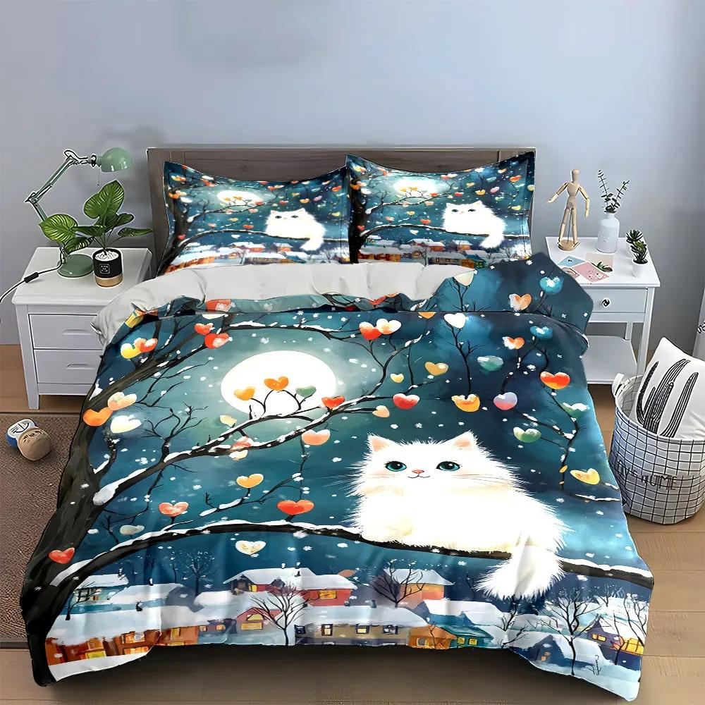 "Cat Winter Night Decor Set" Soft Comfortable Duvet Cover Bedding Set Included 1*Duvet Cover & 2*Pillowcases, gift