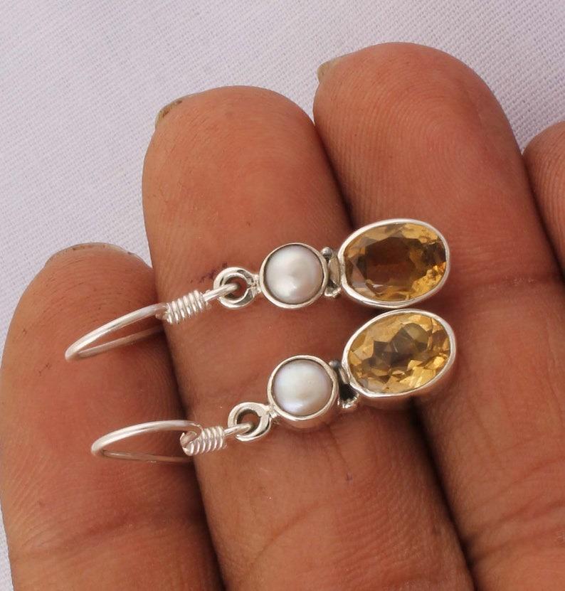 Solid 925 Sterling Silver Citrine And Pearl Gemstone Dangle Drop Earring Anniversary Birthday Gift Earring
