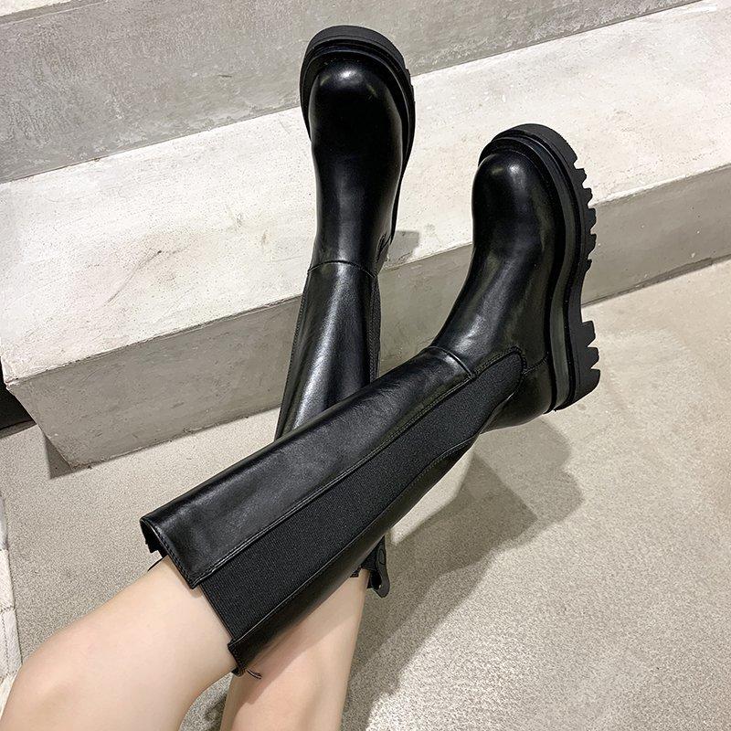Fashion Woman's Platform Zipper Spring Autumn PU Leather Non-slip Knee High Luxury Designer Casual Women Chunky Long Black Boots