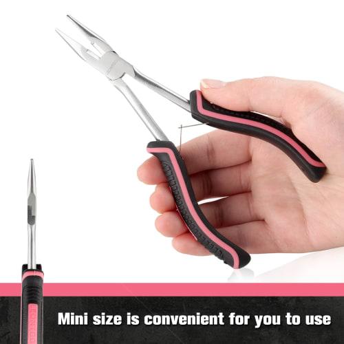 LEONTOOL Mini Long Nose Pliers, Long Reach, Slim, Pink, Women's Size, Miniature, Lightweight, Non-Slip, Serrated, Grooved, Cutting Blade, Effortless F