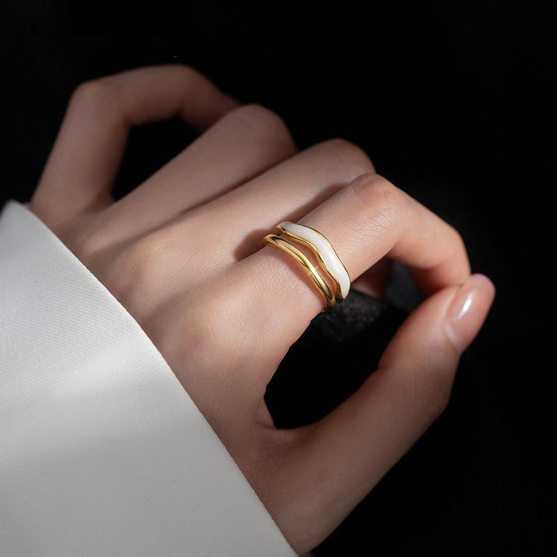 Кольцо открытое из серебра 925 пробы с двойным слоем волны - Женская корейская мода, Изысканное простое кольцо на указательный палец в холодном стиле.