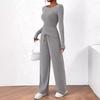 2 Pcs/Set Women Top Pants Suit Round Neck Long Sleeves Solid Color Irregular Blouse Elastic Waist Wide Leg Trousers Daily Wear Sport Outfit