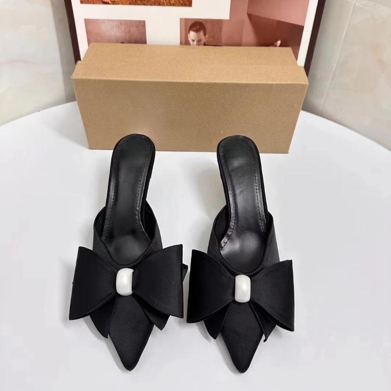 Женские туфли с искусственным жемчугом, черный большой бант, пустой заостренный носок, женские босоножки на высоком каблуке