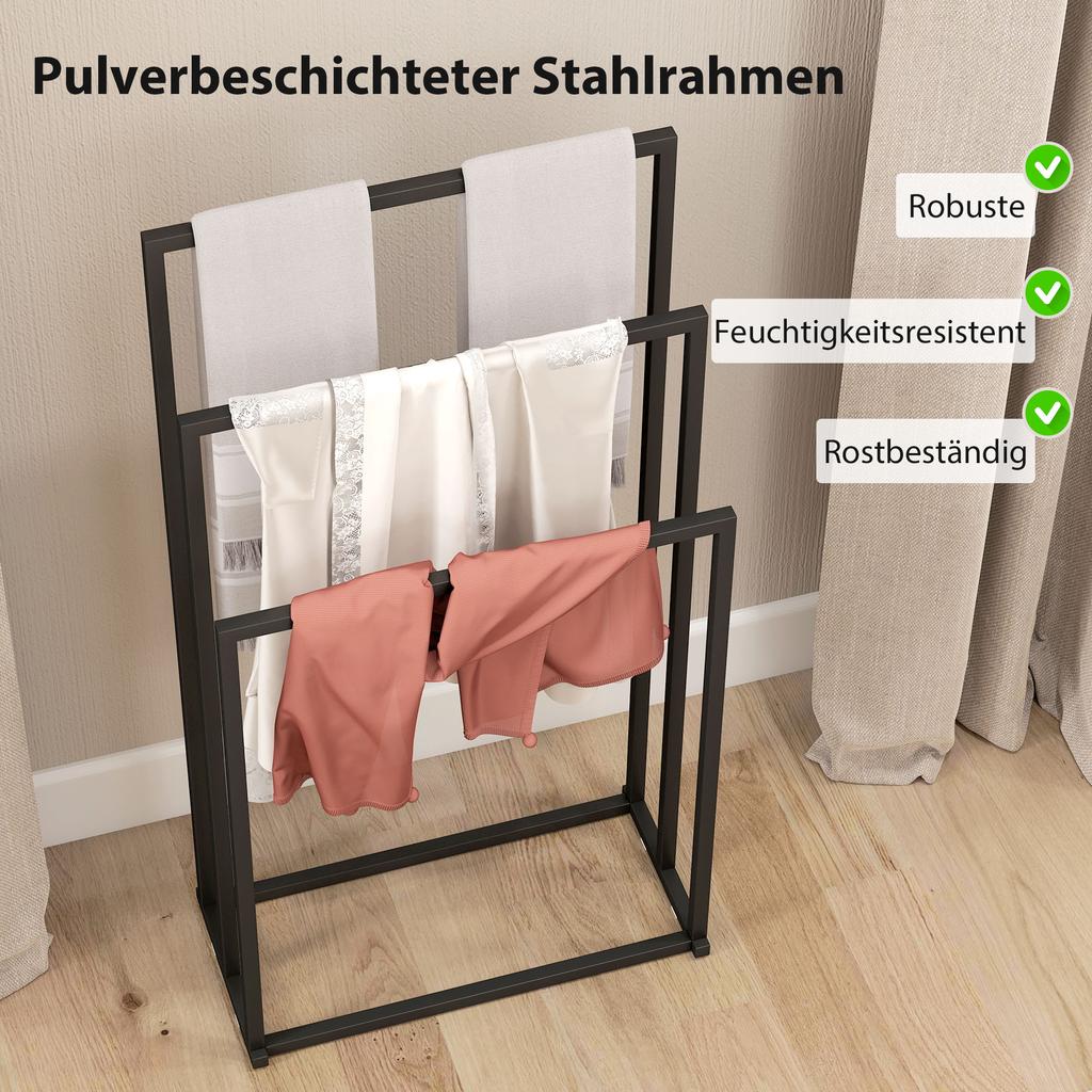 Freestanding Towel Rack, Steel Towel Rail Holder with 3 Bars, Black