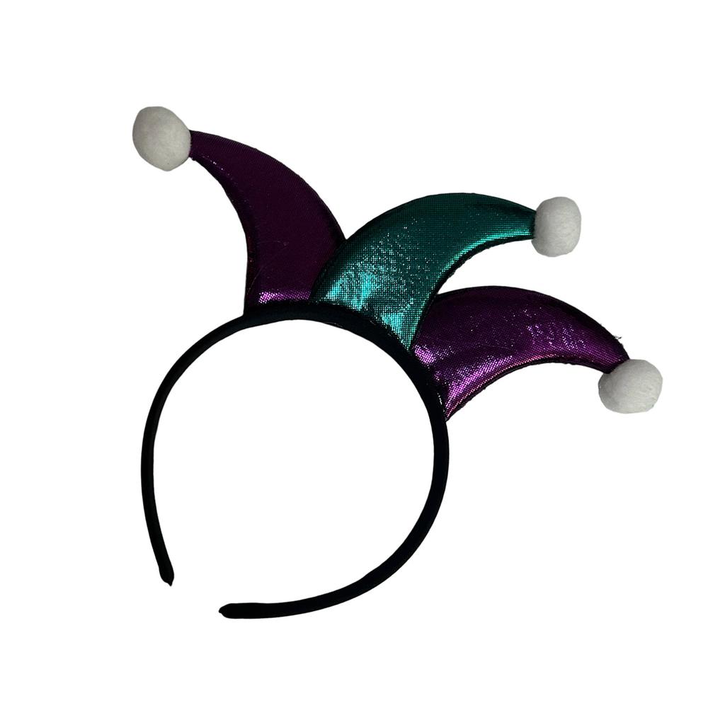 Регулируемый головной убор в стиле клоуна, фиолетовая блестящая ткань, отделка помпонами, аксессуар для волос для костюма на вечеринку