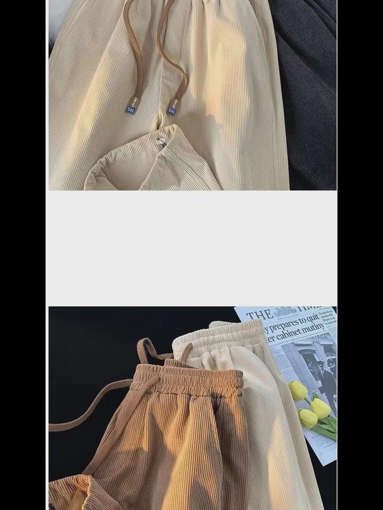 Men's Japanese Retro Corduroy Drawstring Pants - Loose, Wide-Leg, Straight Fit for Spring and Autumn