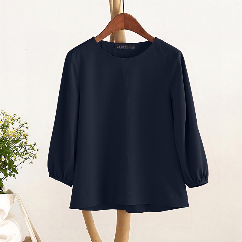 ZANZEA Women Casual Round Neck Solid Color 3/4 Sleeve Blouse