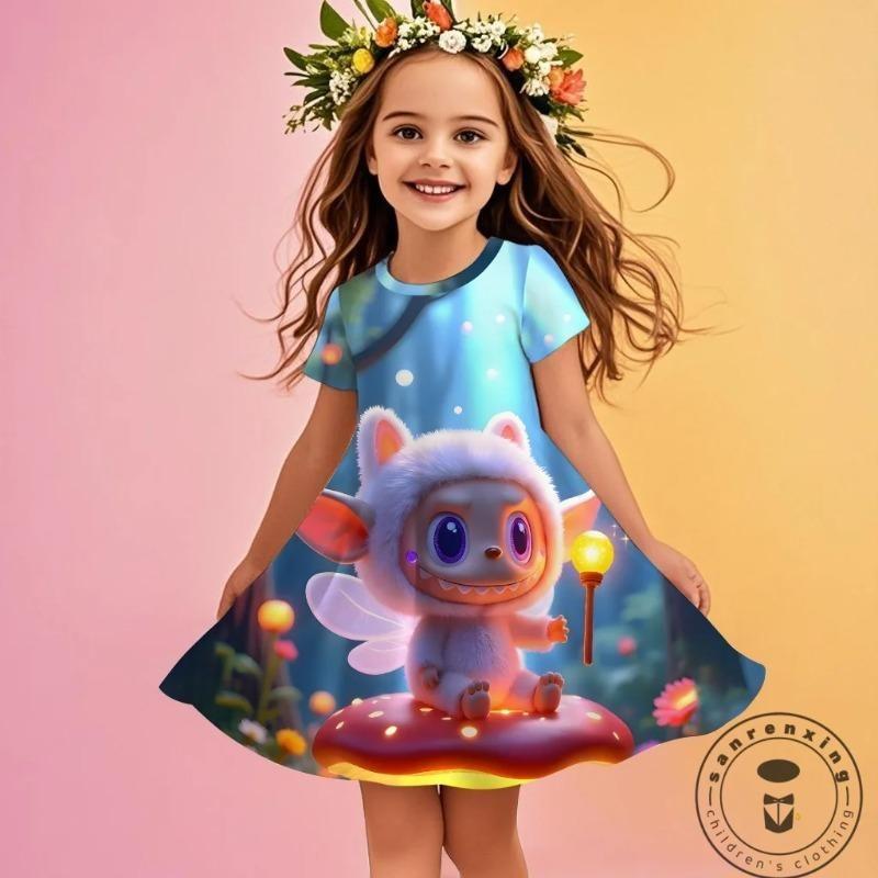 25-26 МИНISO Летнее Мультяшное Платье Catch Teenieping 3D-Печать Модное Детское Платье с Коротким Рукавом Принцессы для Девочек на Вечеринку Детская Одежда