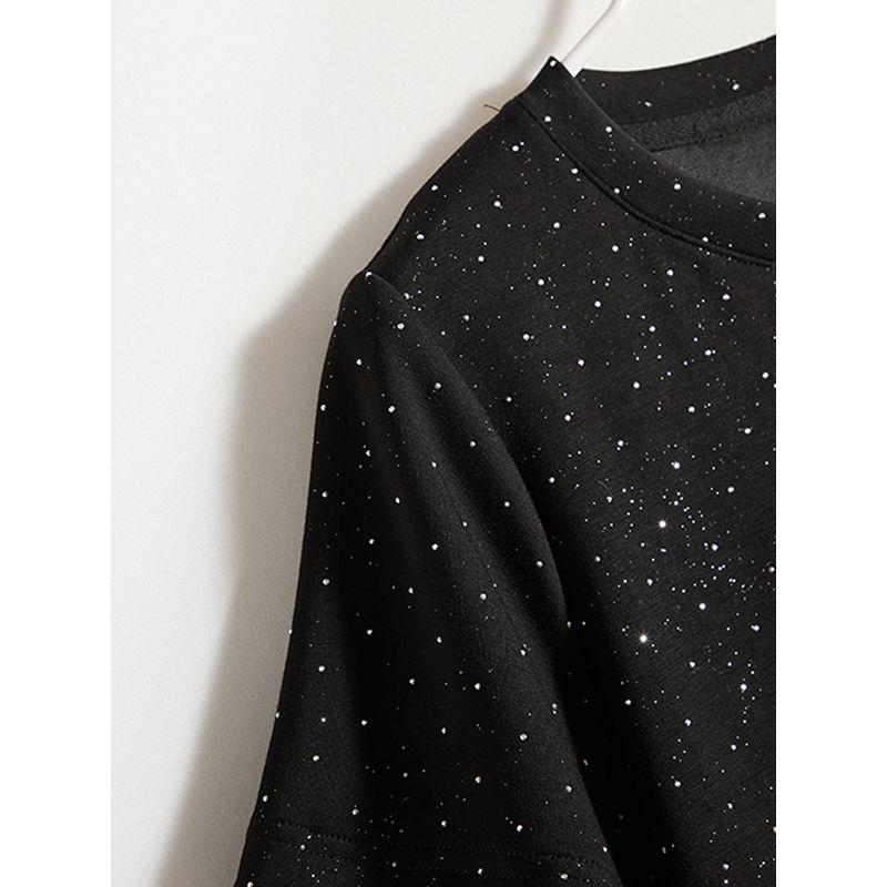 Is Drop-Shaped Diamond! Young Ins Women's Polyester Cotton Round Neck Pleated Fishtail Black Slim Looking T-shirt Spring, Summer, Autumn and Winter