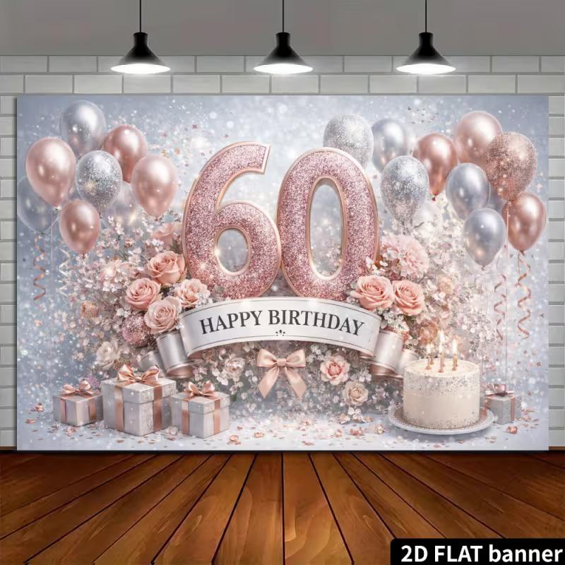Двумерный задник «Счастливого 60-летия» в цвете розового золота для фона юбилейной вечеринки