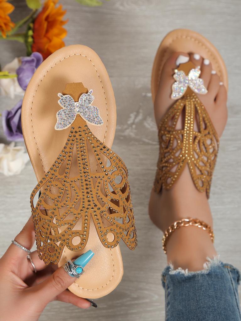 Foreign Trade Large Size Bohemian Cool Slippers Women 2024 Mezzanine Rhinestones Butterfly Sandals Women Vintage Roman Sandals Women