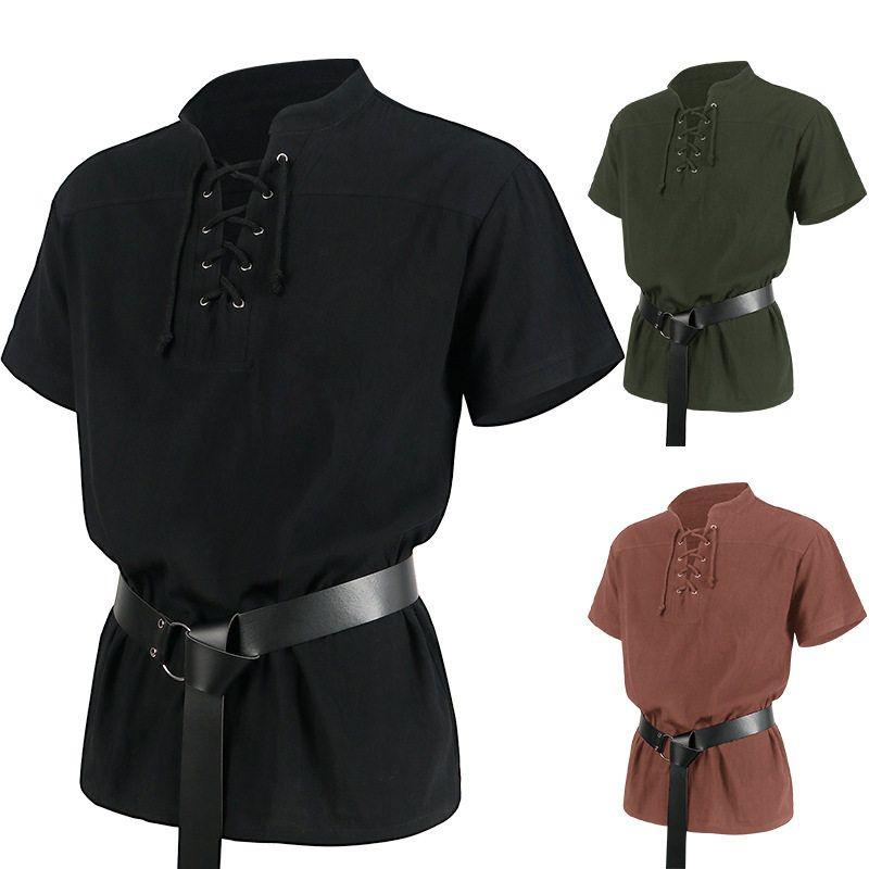 High-Quality Fashionable Men's Bandage Short-Sleeved Medieval Renaissance Shirt Gothic Men's Warrior Shirt for Men