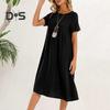 Женское платье с круглым вырезом, коротким рукавом, длиной до колена, однотонное платье с карманами, свободное летнее платье