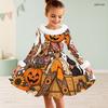 Girls Furry Trim High Neck Long Sleeve Halloween Panda Printed Flared Dress