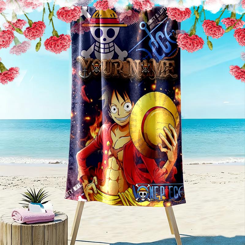 Name Custom Luffy Anime Print Beach Towel, Large Soft Quick Dry Towel for Beach Camping Swimming