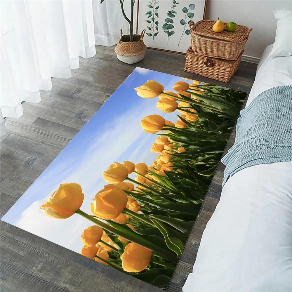 Ковер Тюльпан Весенний ботанический Цветок Зональный ковер для гостиной Детской спальни Натуральный Сад Цветочный Напольный коврик Кухонный коврик