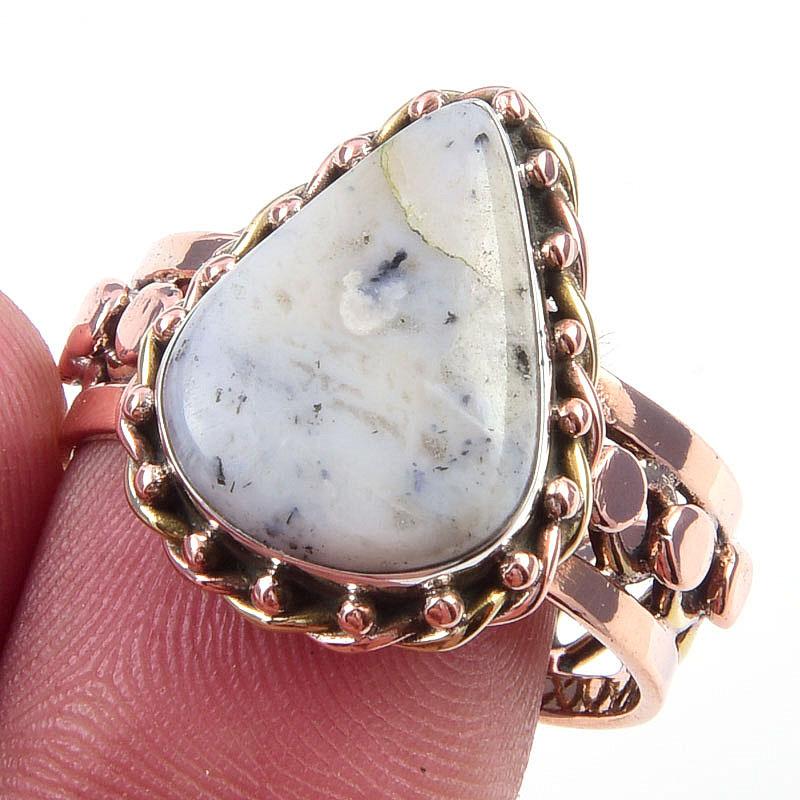 Natural Dendrite Opal Gemstone 925 Sterling Silver Two Tone Ring Size 10 Q6L28