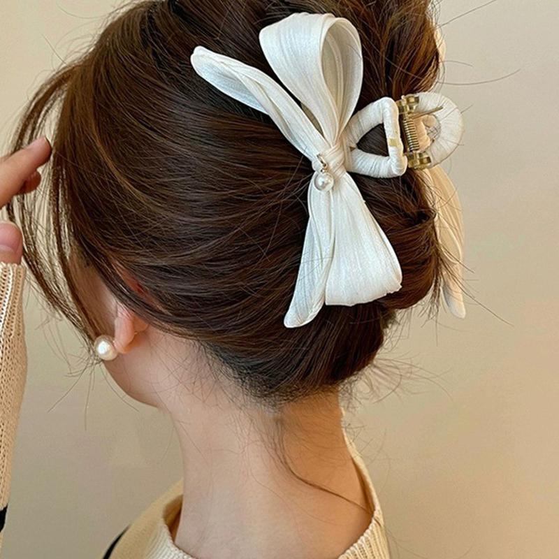 French Pearl Bow Pleated Hair Clips Women Korean Elegant Shark Clip Hair Accessories