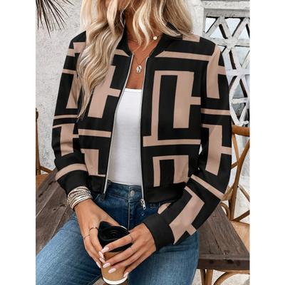 Женская легкая куртка-бомбер на молнии с геометрическим принтом - Повседневная, с длинным рукавом, машинная стирка