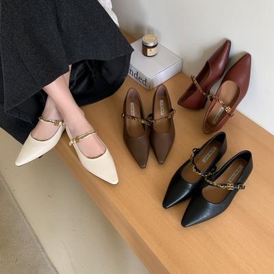 Осень-зима 2025 новая модель, острый носок, толстый низкий каблук, неглубокий вырез, универсальные женские туфли Мэри Джейн для работы и повседневной носки