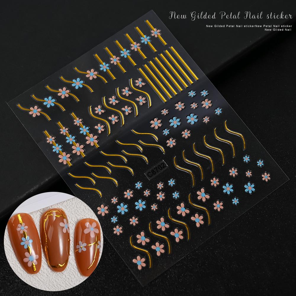 1 шт. бронзовые цветочные наклейки для дизайна ногтей, металлические золотые волнистые линии, цветочные наклейки, самоклеящиеся слайдеры с геометрическим узором, украшение для маникюра