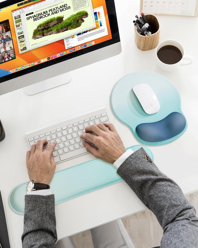 Laborio Mouse Pad with Integrated Wrist Ergonomic Wrist Support Rest, (Gradient White/Blue Set)