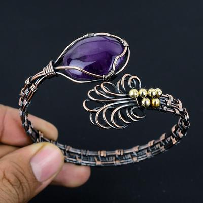 Аметистовый браслет-манжета, обернутый медной проволокой 999 пробы, регулируемый браслет, ювелирное изделие с драгоценным камнем, подарок для мамы, ручная работа, новые украшения