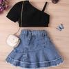 Костюм для девочек, летний детский однотонный топ с короткими рукавами, джинсовая плиссированная короткая юбка, пояс для костюма