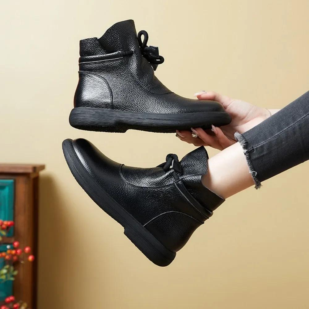 Теплые сапоги из натуральной кожи и шерсти, зимние женские ботильоны, хлопковая обувь, нескользящие женские сапоги с плоской подошвой и мягкой подошвой